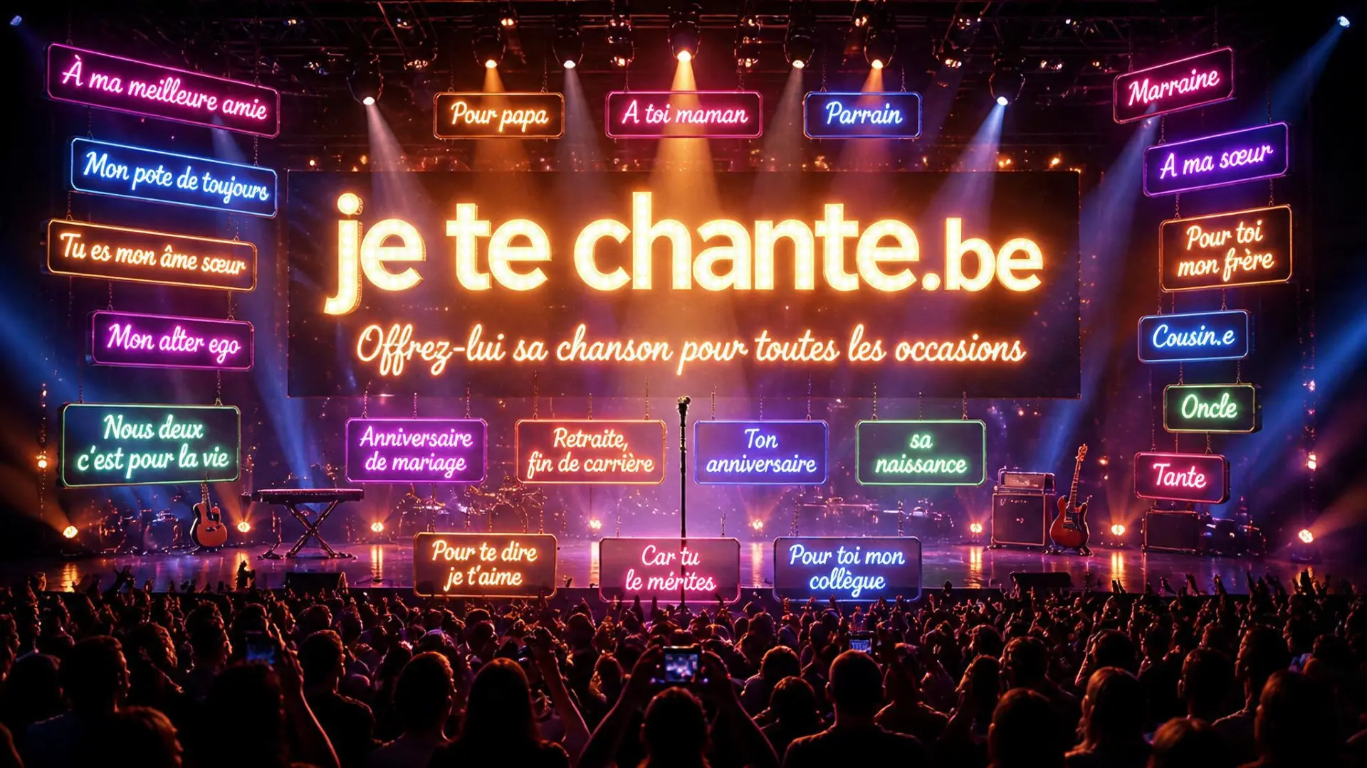 Scène de concert illuminée par des enseignes néon avec le nom je te chante.be
